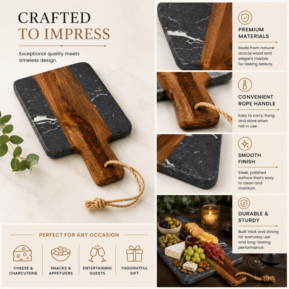 Acacia Wood & Marble Serving Board – 25 cm Premium Cheese & Charcuterie Board