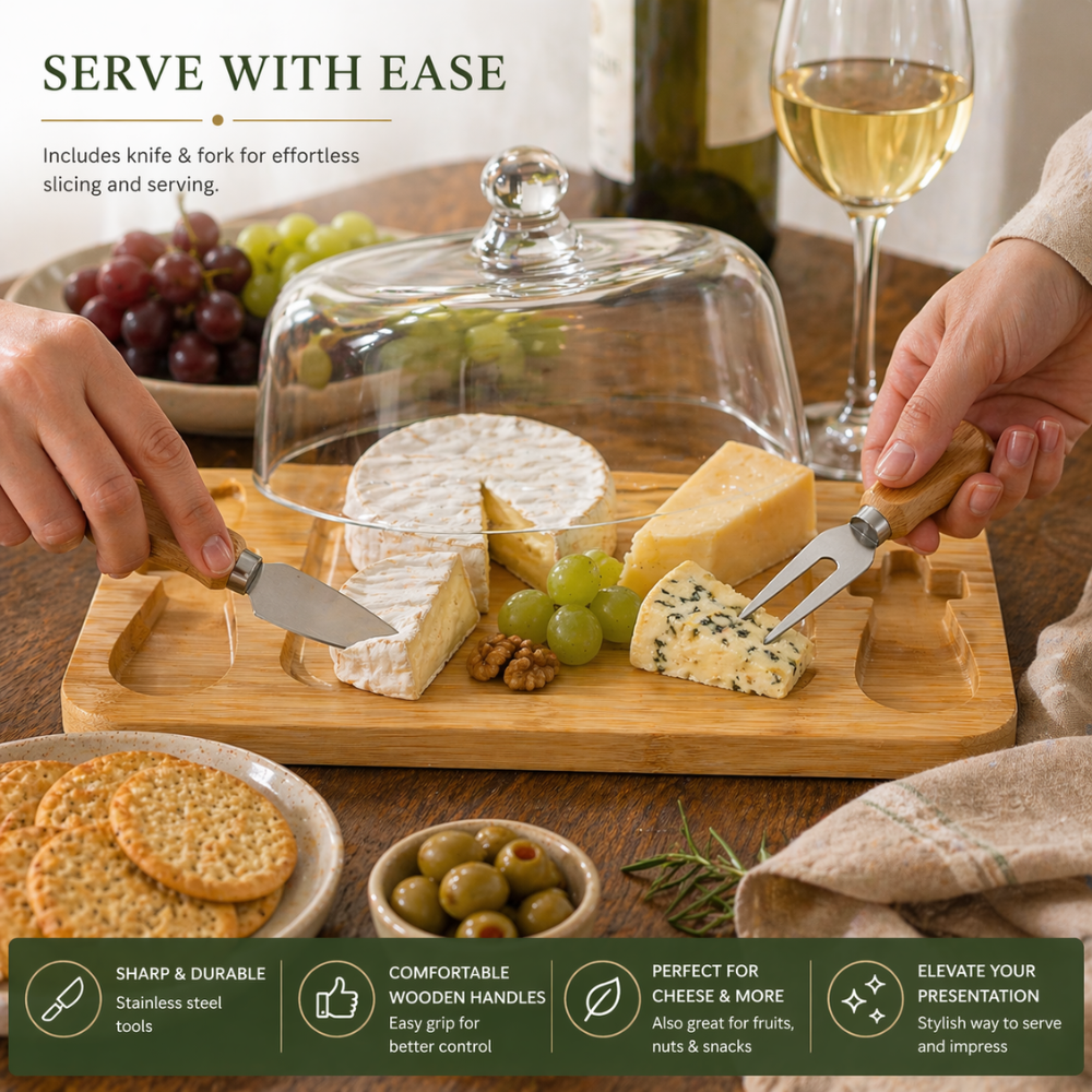 Bamboo Cheese Board Set with Glass Dome & Serving Tools - 28.5 cm