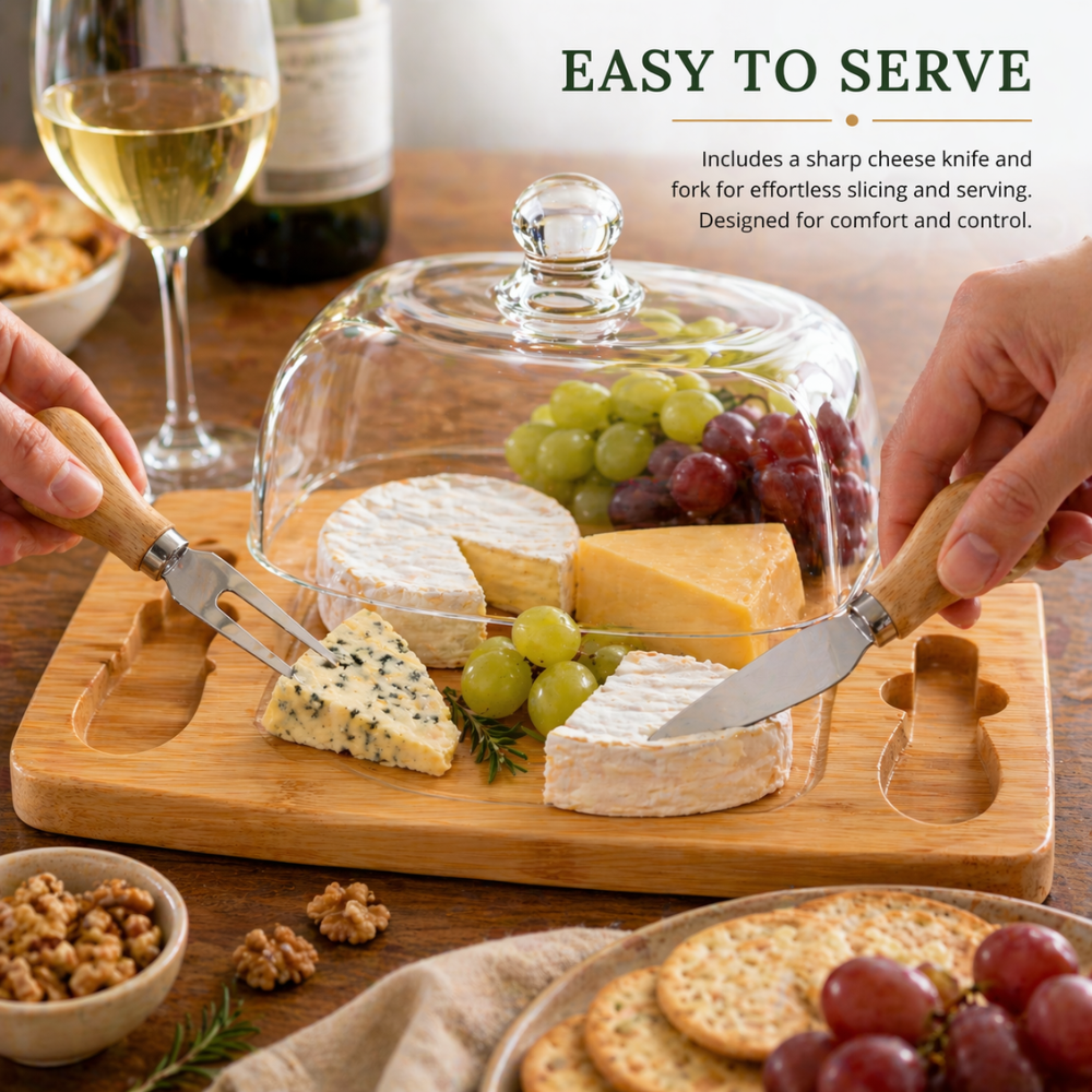 Bamboo Cheese Board with Round Glass Dome & Serving Tools Set - 28 cm