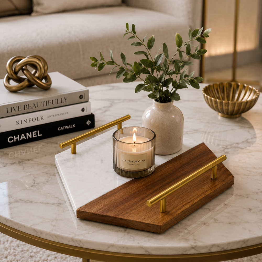 Marble & Acacia Wood Serving Tray with Gold Handles – Luxury Decorative Serving Board