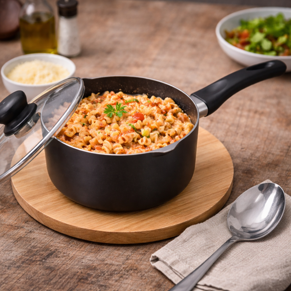 Black Non-Stick Saucepan with Glass Lid - Easy Cooking & Pour Control