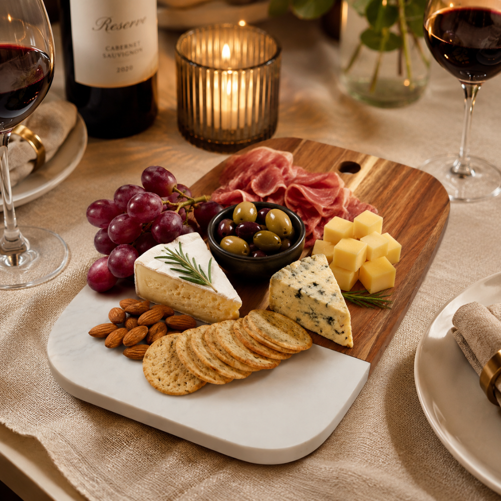 Rectangular Acacia Wood & Marble Serving Board – 30 cm Premium Kitchen & Charcuterie Board