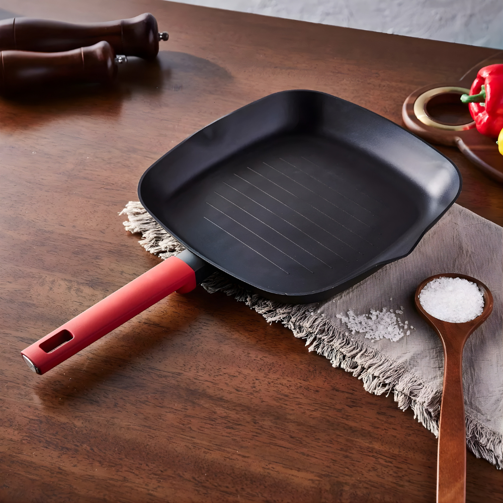 Square Non-Stick Grill Pan with Heat-Resistant Red Handle - Induction Ready