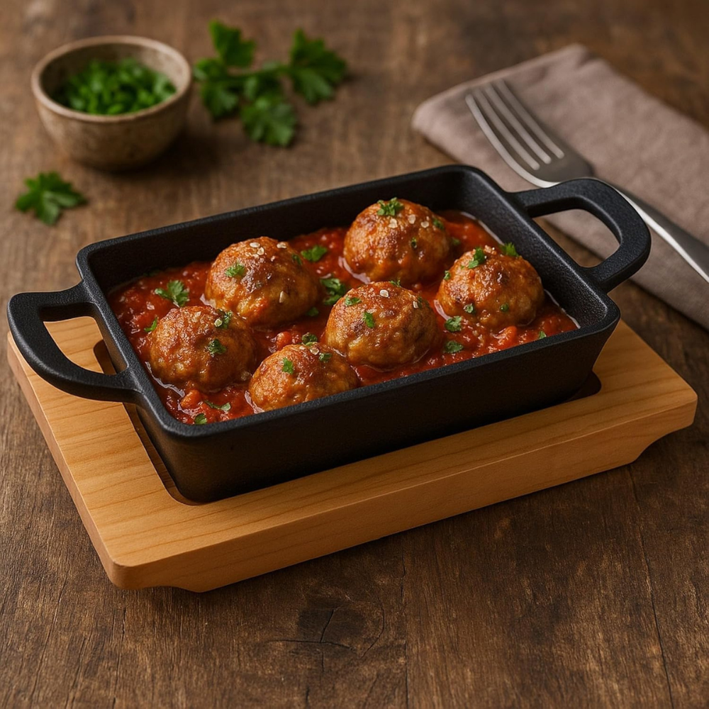 Cast Iron Rectangular Serving Dish with Wooden Base - 15 cm Sizzling Pan
