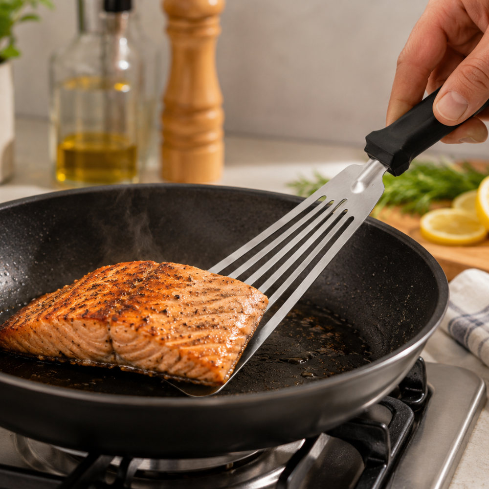 Stainless Steel Slotted Fish Turner – 31 cm Flexible Kitchen Spatula