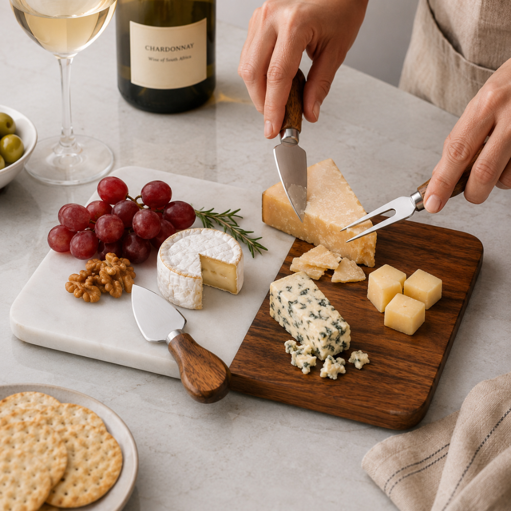 Marble & Acacia Wood Cheese Board Set with Cheese Knives – 30 cm Serving Platter for Entertaining