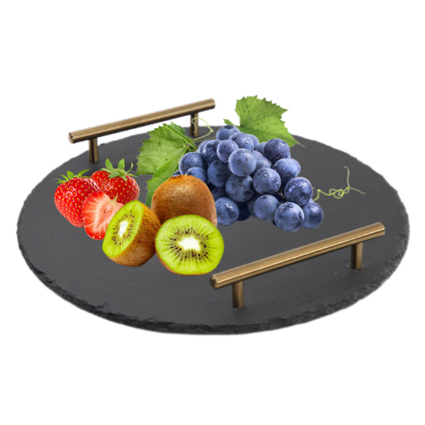 Elegant Round Slate Serving Platter with Stainless Steel Handles – 25 cm Premium Server Display Board