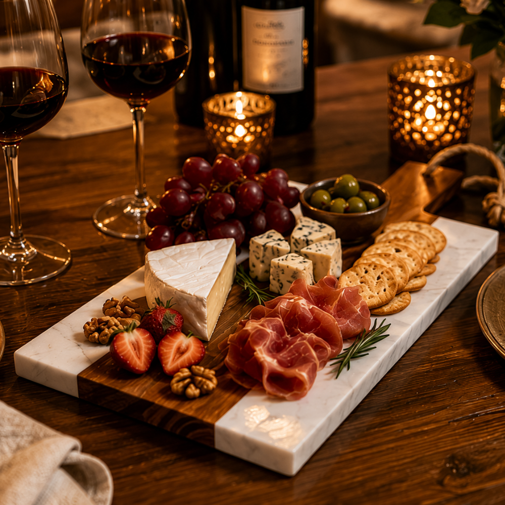 Acacia Wood & White Marble Serving Board – 38 cm Luxury Cheese & Charcuterie Platter