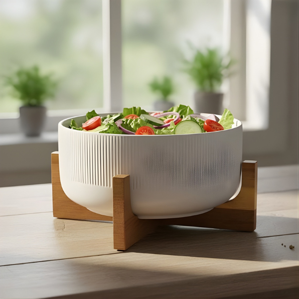 Modern Ceramic Salad Bowl with Wooden Stand - Elegant Serving & Décor Piece