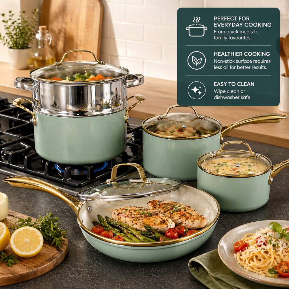 Premium Non-Stick Cookware Set with Glass Lids – Multi-Colour Variants
