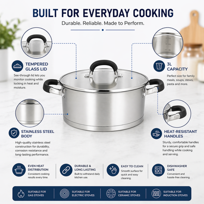 3L Stainless Steel Casserole Pot with Glass Lid – Durable Cooking Pot - 34.1 cm
