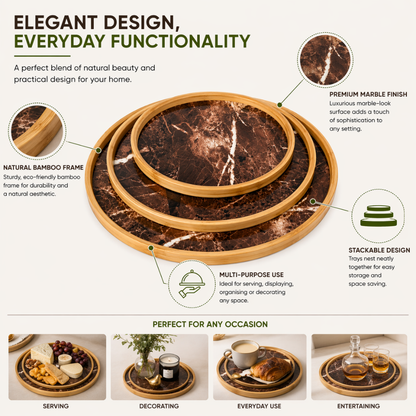 3 Piece Marble & Bamboo Serving Tray Set – Round Nesting Platters for Serving & Display
