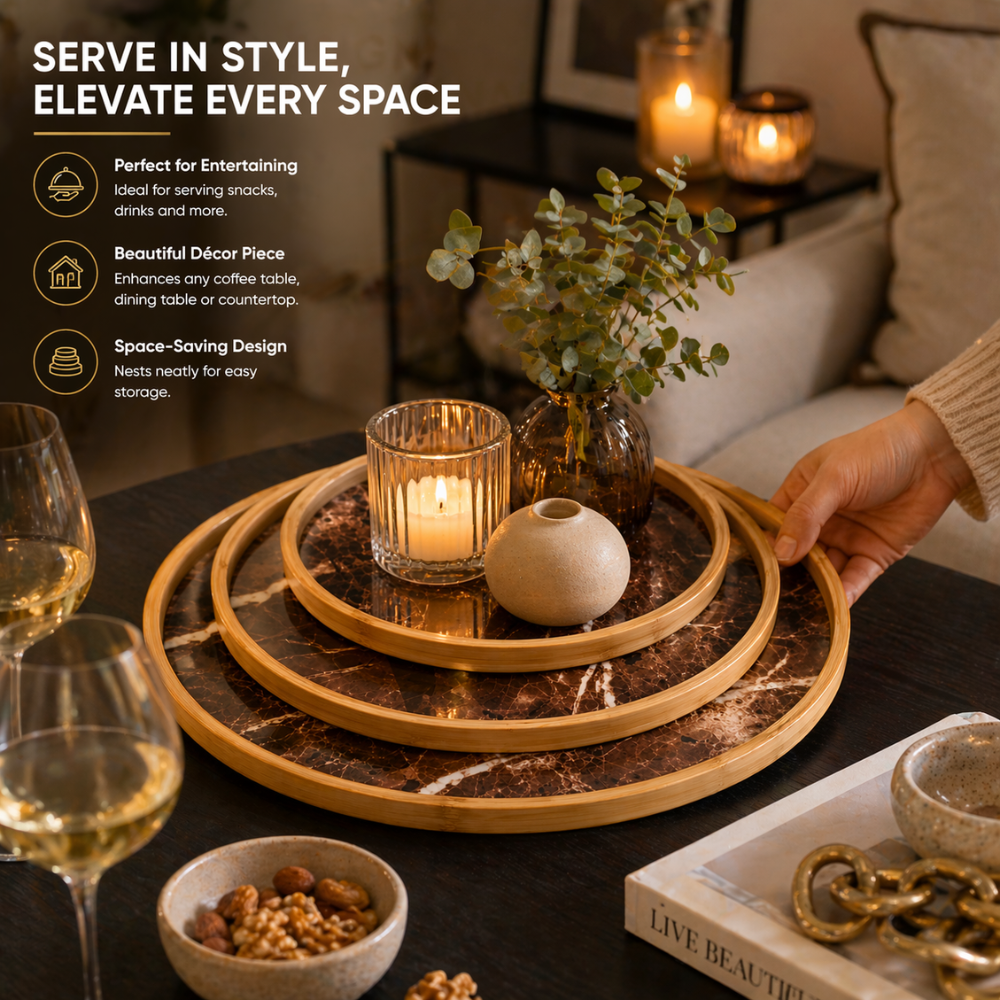 3 Piece Marble & Bamboo Serving Tray Set – Round Nesting Platters for Serving & Display