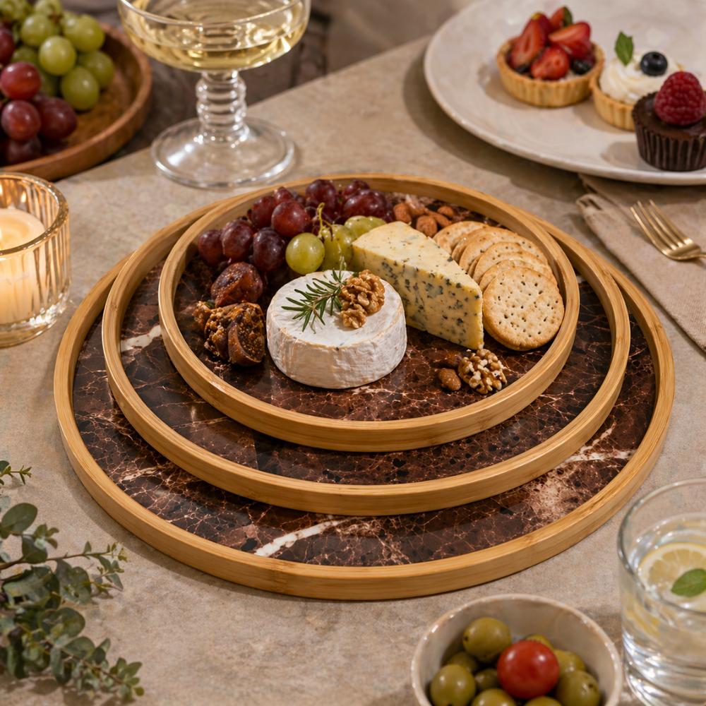 3 Piece Marble & Bamboo Serving Tray Set – Round Nesting Platters for Serving & Display