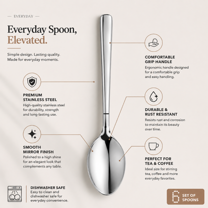 Stainless Steel Tea Spoon Set – 6 Piece Modern Coffee & Dessert Spoon Collection