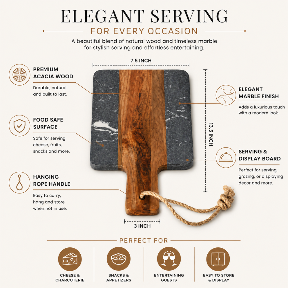 Acacia Wood & Marble Serving Board – 25 cm Premium Cheese & Charcuterie Board