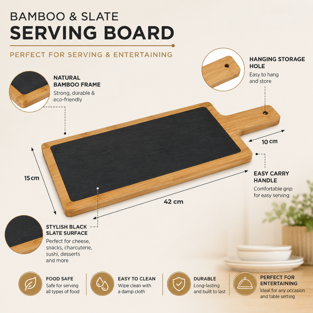 Bamboo & Slate Serving Board – 42 cm Rectangular Cheese & Charcuterie Board