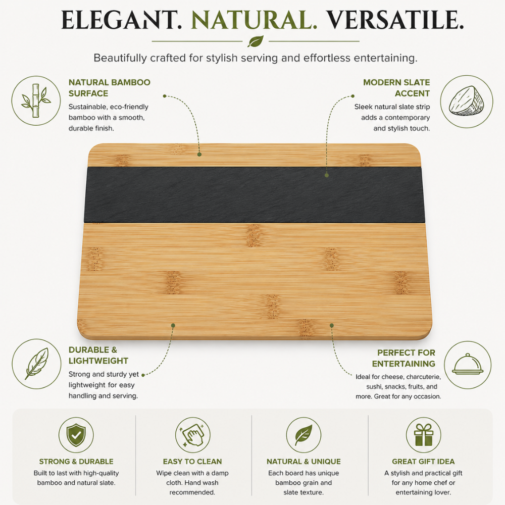 Bamboo & Slate Serving Board – 27 cm Modern Cheese and Snack Platter Board