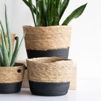 Three woven planters with black accents on a light background