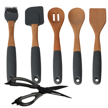6-Piece Wooden Kitchen Utensil Set with Silicone Handles & Kitchen Scissors