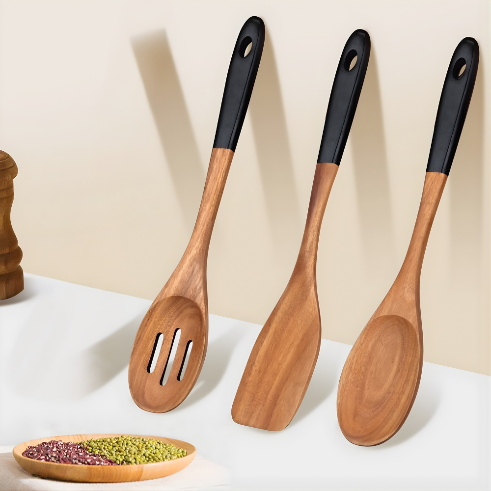 6-Piece Wooden Kitchen Utensil Set with Silicone Handles & Kitchen Scissors