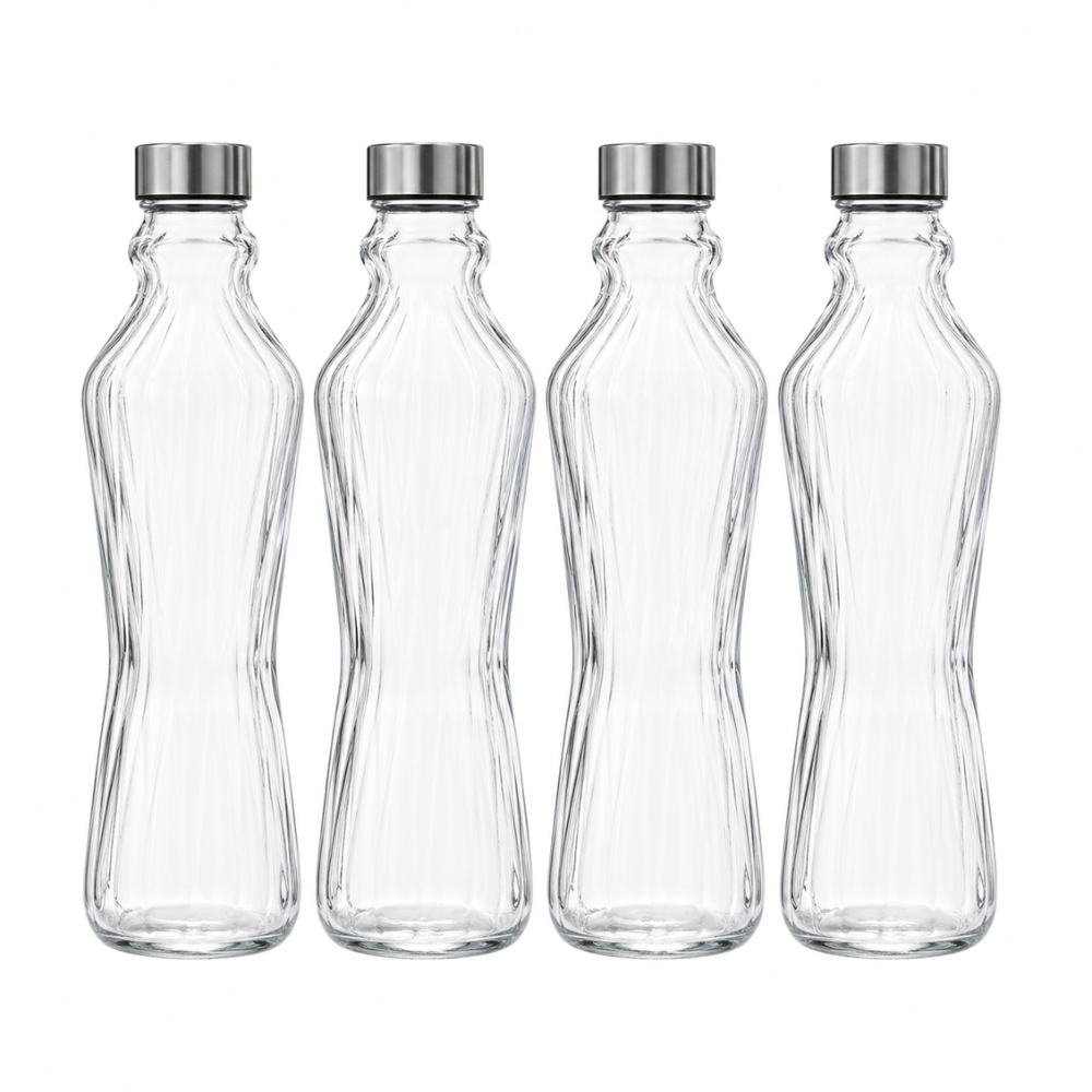 4-Piece Glass Bottle Set with Stainless Steel Lids – Elegant Reusable Beverage Bottles