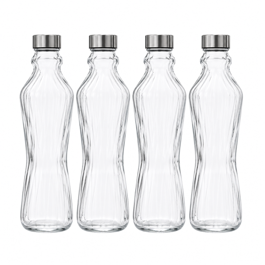 4-Piece Glass Bottle Set with Stainless Steel Lids – Elegant Reusable Beverage Bottles