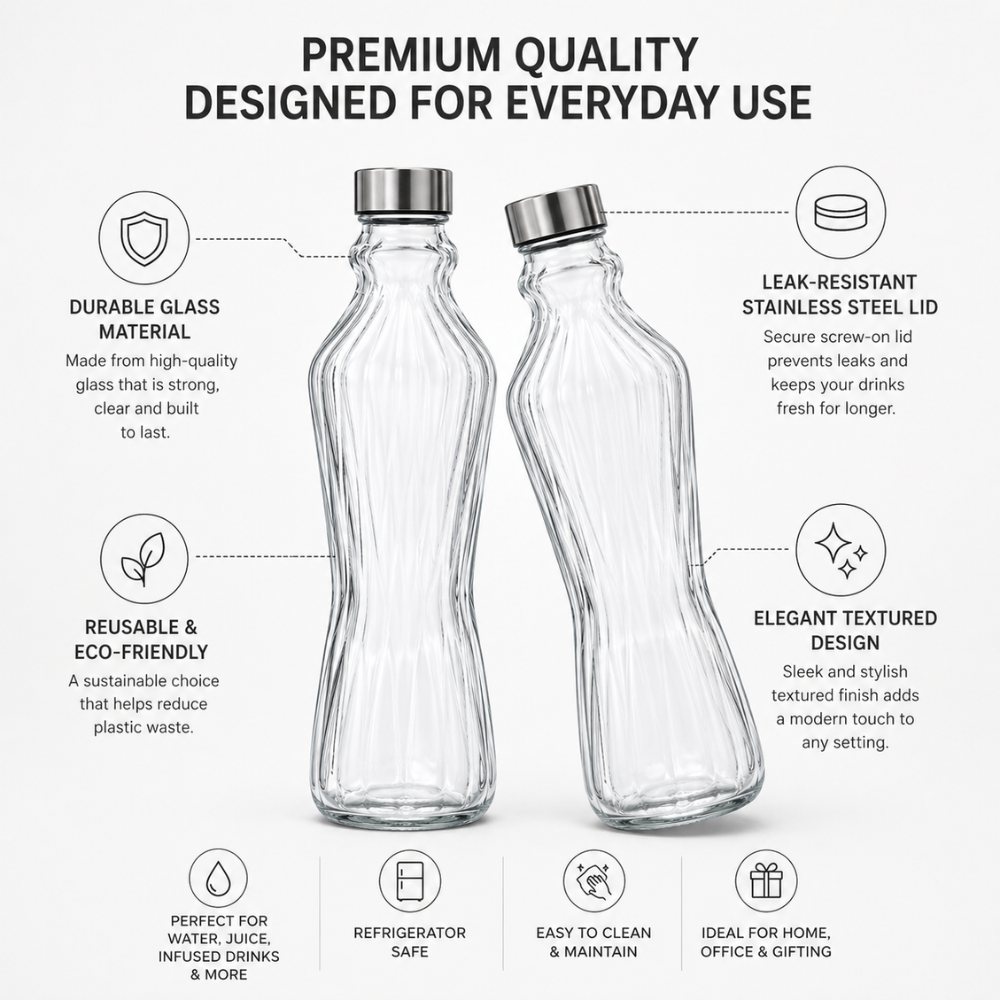 4-Piece Glass Bottle Set with Stainless Steel Lids – Elegant Reusable Beverage Bottles