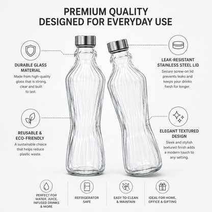 4-Piece Glass Bottle Set with Stainless Steel Lids – Elegant Reusable Beverage Bottles