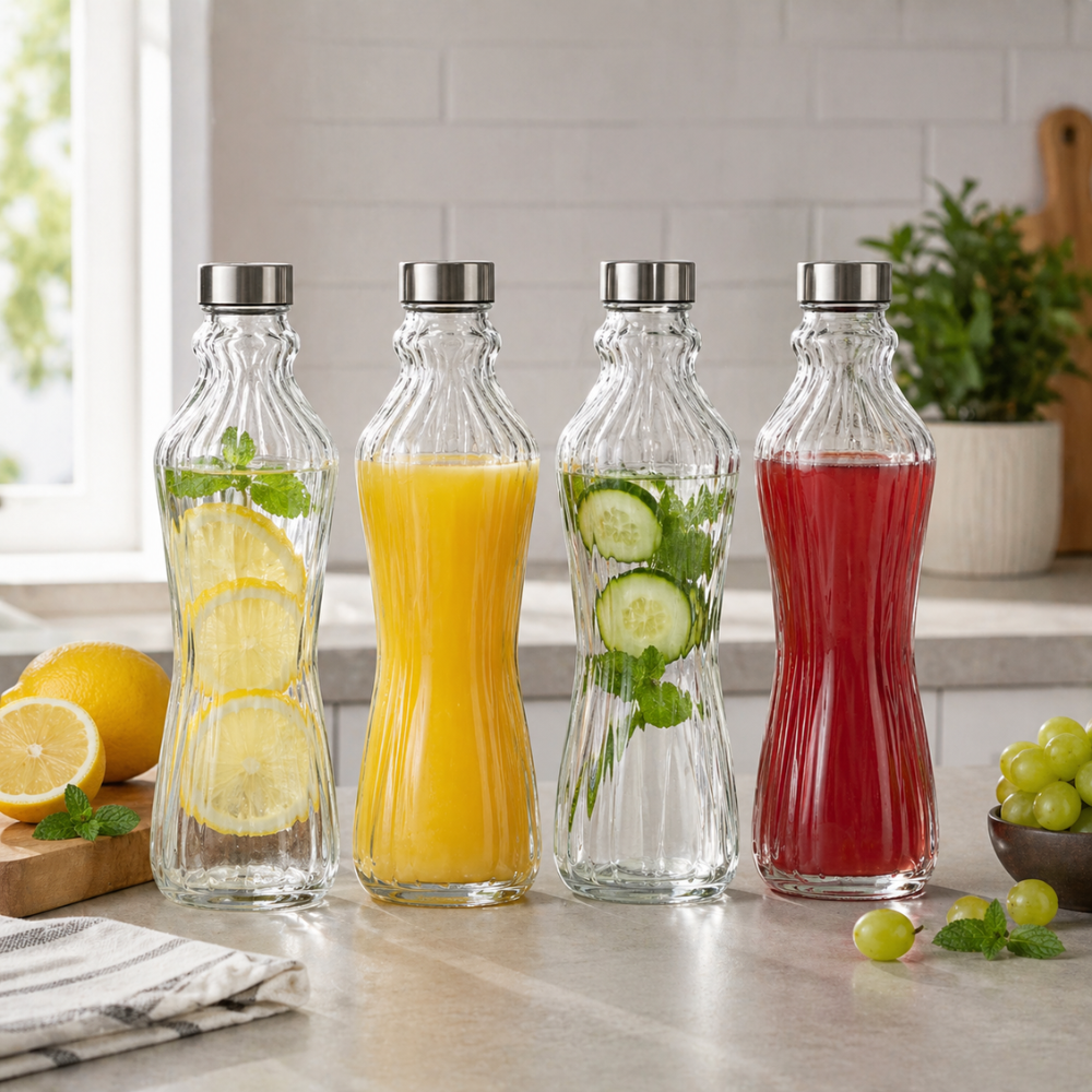 4-Piece Glass Bottle Set with Stainless Steel Lids – Elegant Reusable Beverage Bottles
