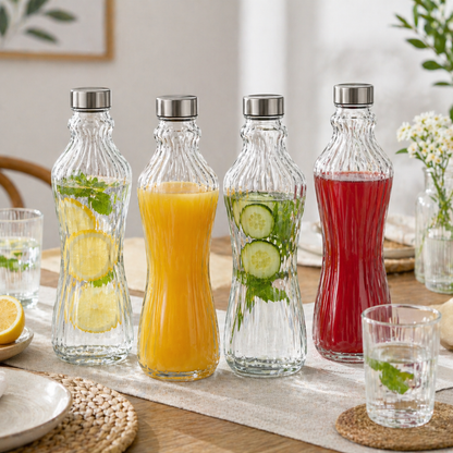 4-Piece Glass Bottle Set with Stainless Steel Lids – Elegant Reusable Beverage Bottles
