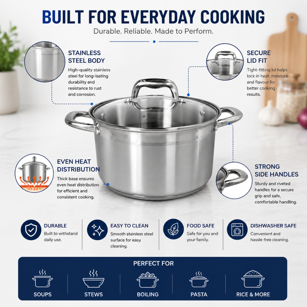 Stainless Steel Cooking Pot with Lid – 6L Durable Multi-Purpose Stock Pot