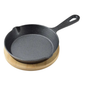 Cast Iron Skillet Fry Pan with Wooden Base - 16.5 cm Heavy-Duty Serving & Cooking Pan