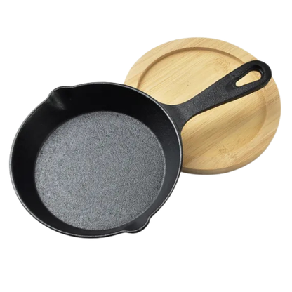 Cast Iron Skillet Fry Pan with Wooden Base - 16.5 cm Heavy-Duty Serving & Cooking Pan