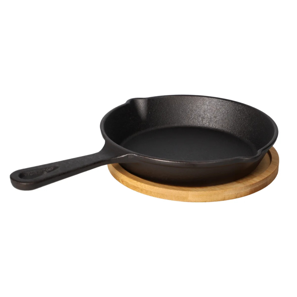 Cast Iron Skillet Fry Pan with Wooden Base - 16.5 cm Heavy-Duty Serving & Cooking Pan