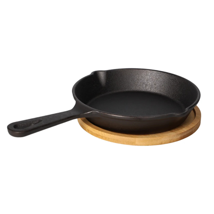 Cast Iron Skillet Fry Pan with Wooden Base - 16.5 cm Heavy-Duty Serving & Cooking Pan