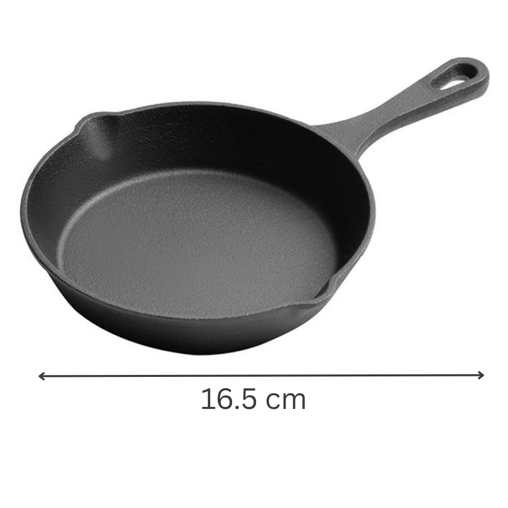 Cast Iron Skillet Fry Pan with Wooden Base - 16.5 cm Heavy-Duty Serving & Cooking Pan