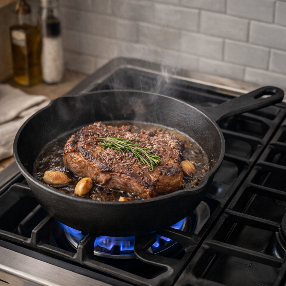 Cast Iron Skillet Fry Pan with Wooden Base - 16.5 cm Heavy-Duty Serving & Cooking Pan