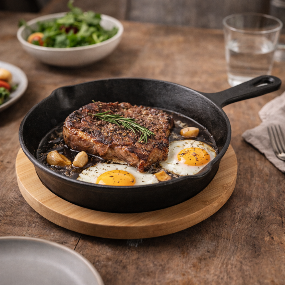 Cast Iron Skillet Fry Pan with Wooden Base - 16.5 cm Heavy-Duty Serving & Cooking Pan