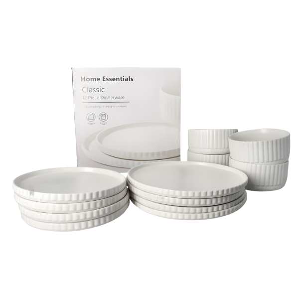 12-Piece White Ceramic Dinner Set - Ribbed Modern Classic Stoneware