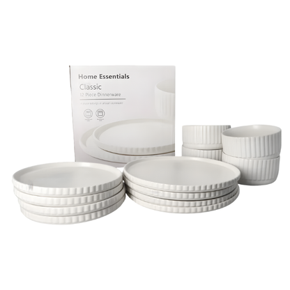 12-Piece White Ceramic Dinner Set - Ribbed Modern Classic Stoneware