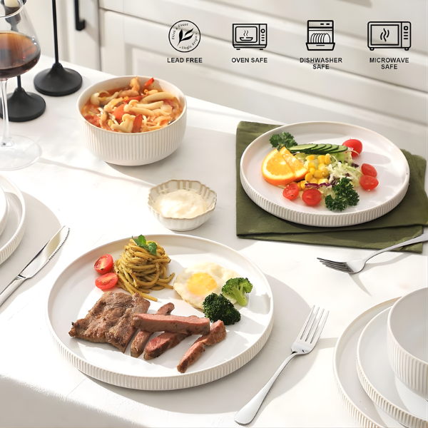 12-Piece White Ceramic Dinner Set - Ribbed Modern Classic Stoneware