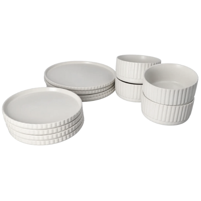 12-Piece White Ceramic Dinner Set - Ribbed Modern Classic Stoneware
