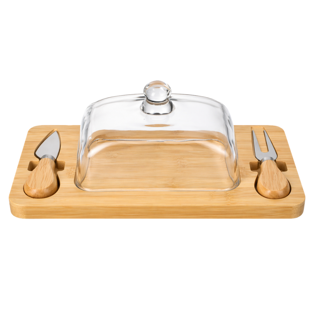 Bamboo Cheese Board Set with Glass Dome & Serving Tools - 28.5 cm