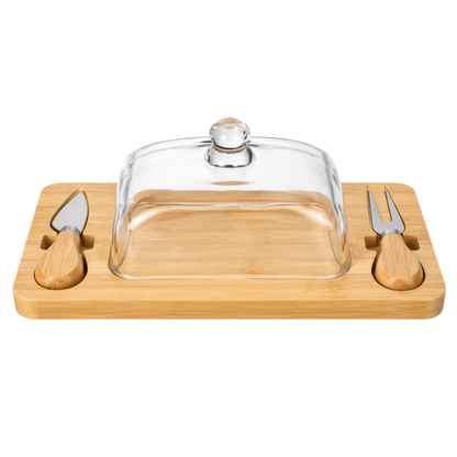Bamboo Cheese Board Set with Glass Dome & Serving Tools - 28.5 cm