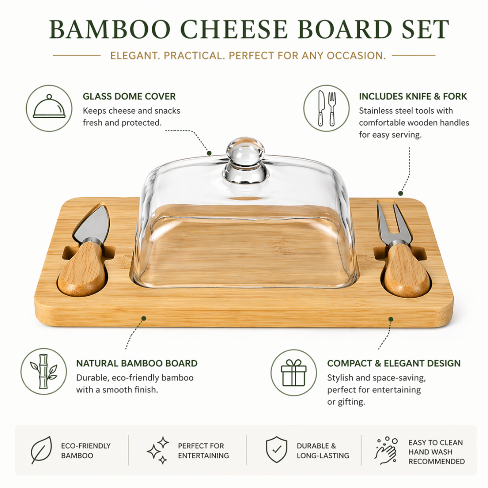 Bamboo Cheese Board Set with Glass Dome & Serving Tools - 28.5 cm