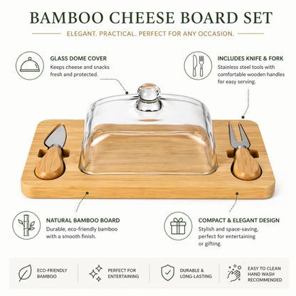 Bamboo Cheese Board Set with Glass Dome & Serving Tools - 28.5 cm