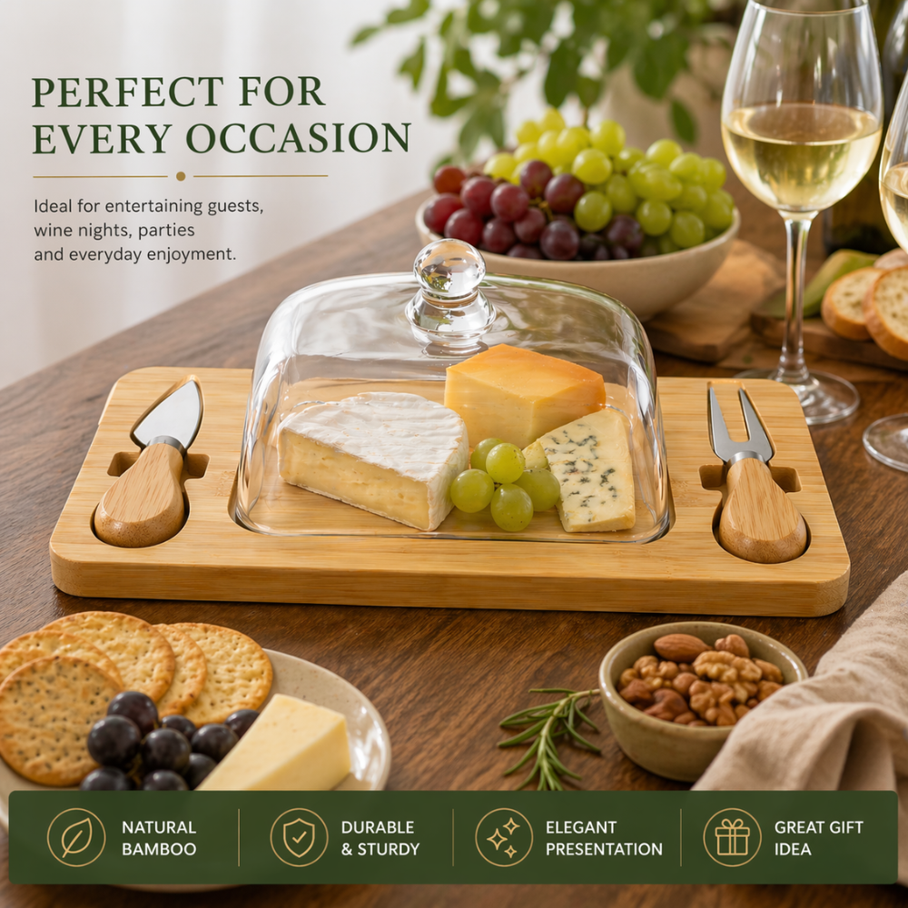 Bamboo Cheese Board Set with Glass Dome & Serving Tools - 28.5 cm