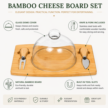 Bamboo Cheese Board with Round Glass Dome & Serving Tools Set - 28 cm