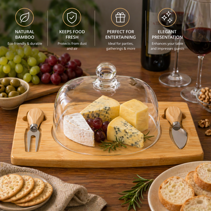 Bamboo Cheese Board with Round Glass Dome & Serving Tools Set - 28 cm